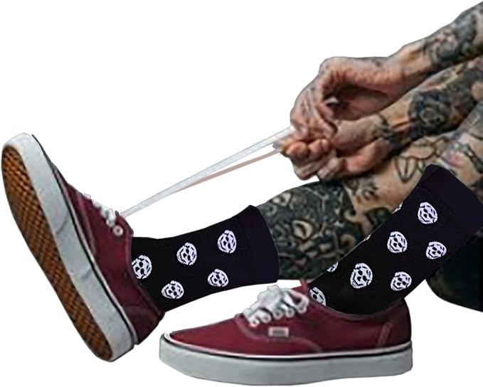 Mazeology Skull Streetwear Crew Socks, Black and White, Unisex One Size, Combed Cotton Blend, All Over Skull Design - sugar skull costume