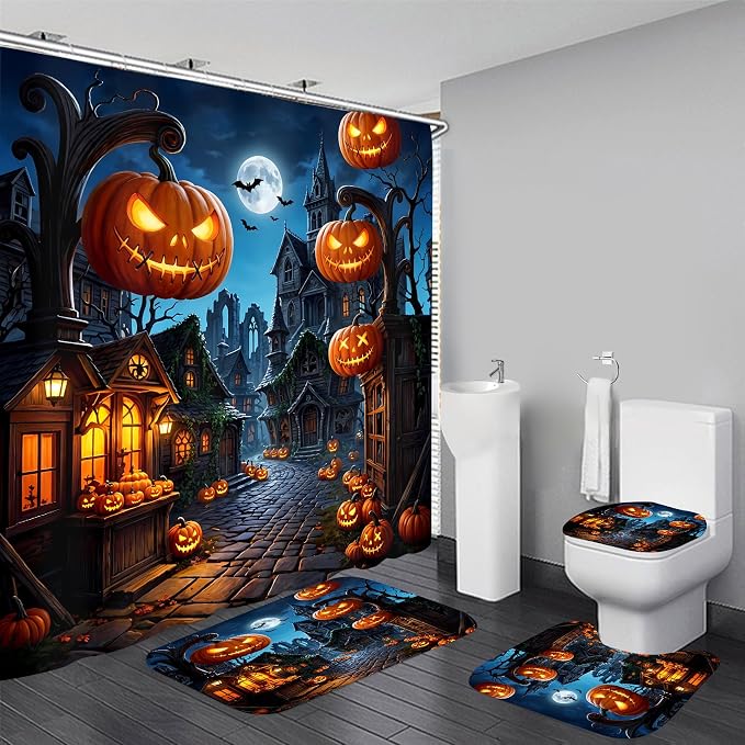 Yddsky 4PCS Halloween Street Shower Curtain Sets for Bathroom,72x72 Inch - skull toilet mat
