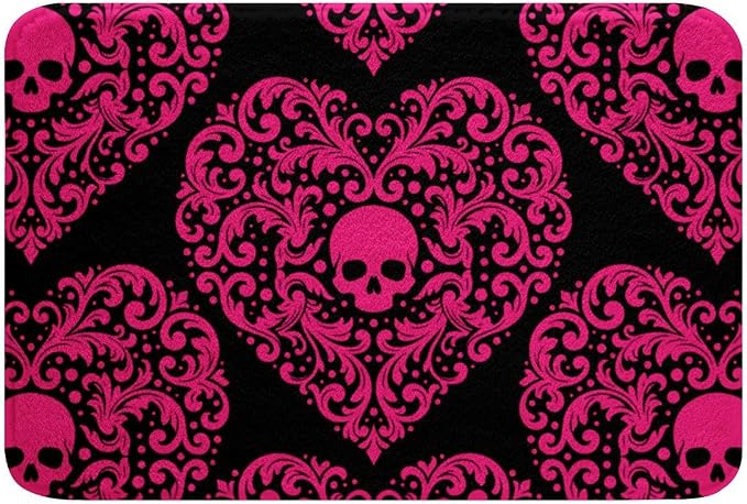 Feelyou Gothic Skull Bathroom Rugs Pink Damask Bath Mats Goth Boho Bathroom Accessories Floor Doormats 16"x24" Soft Microfiber - skull toilet rug