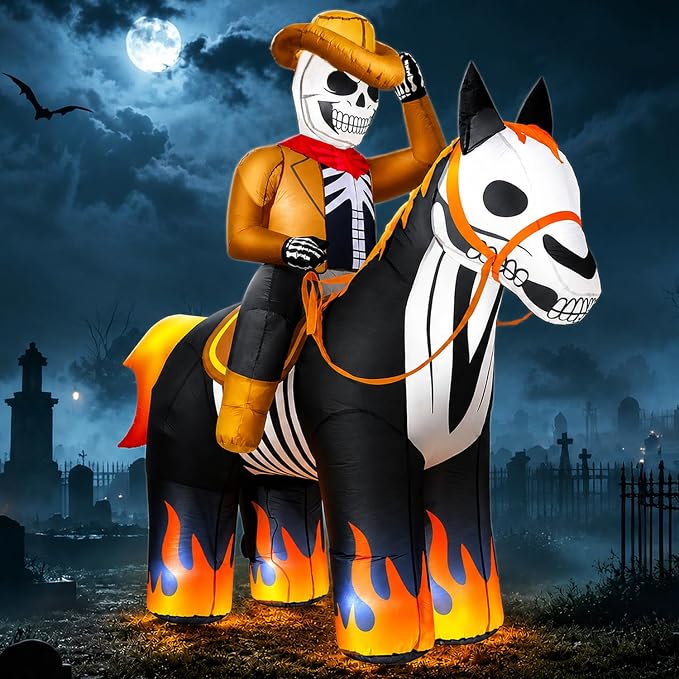 zukakii 7FT Halloween Inflatables Decorations Outdoor Skeleton Cowboy Riding Inflatable Horse Built-in Bright LEDs Flame-Hoofed Western Halloween Blow Up Yard Decoration Blowup for Lawn Party - skull inflatable