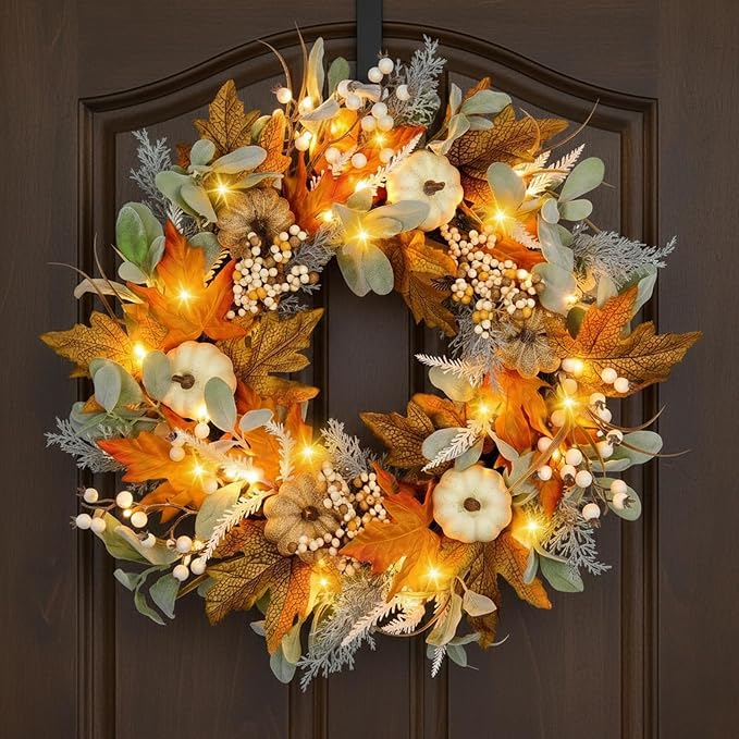 24IN Fall Wreath Prelit for Front Door, Halloween, Thanksgiving Decor