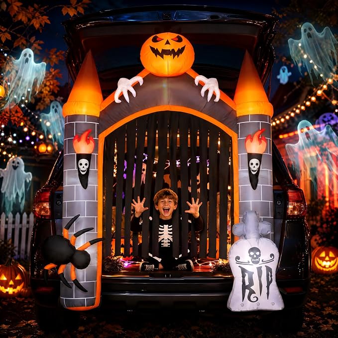 6.3FT Halloween Inflatable Trunk or Treat Car Decorations,Outdoor Scary Pumpkin Haunted Castle with Built-in LEDs for SUV Car Outdoor Trunk Parties & Events - skull inflatable