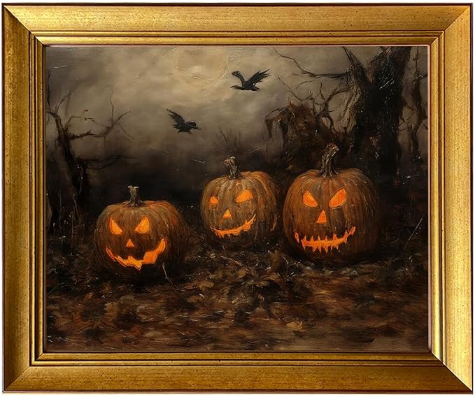 Vintage Gold Framed Halloween Print Spooky Lantern Pumpkin Canvas Wall Art Full Moon Dark Academia Lake Landscape Painting Fall Wall Decor Artwork Picture - skull wall art