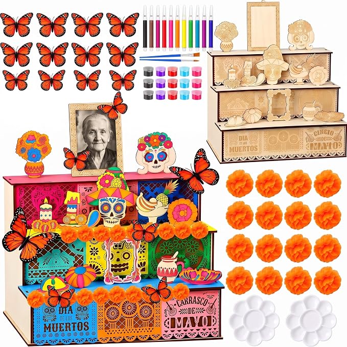 54 Pcs Dia De Los Muertos Altar 3 Tier Wooden Day of The Dead Ofrenda Decor - skull painting