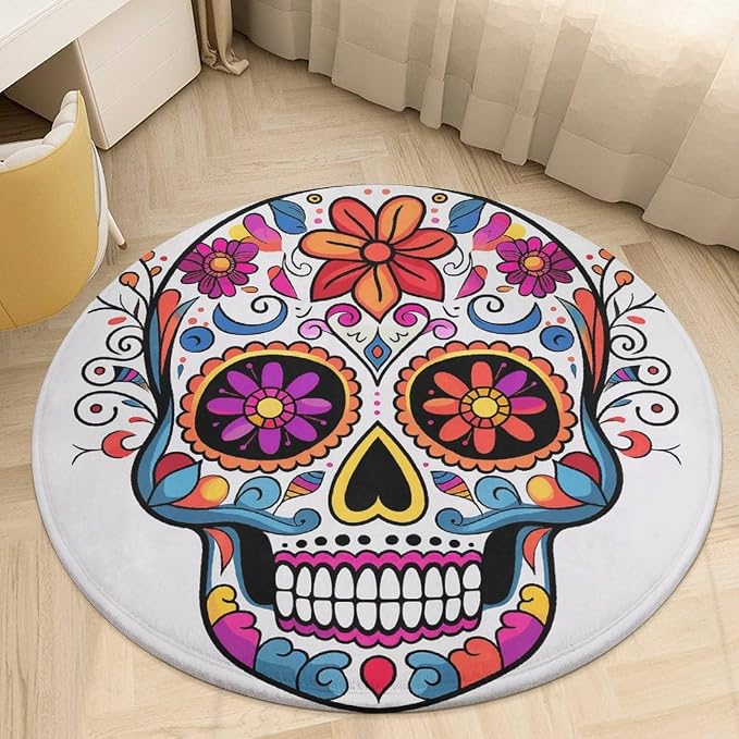 Round Sugar Skull Area Rug Washable Non Slip Floor Mat Soft Low Pile Indoor Carpet Pad Vintage Home Decor for Bedroom Living Room Bathroom Dorm Entryway 90 * 90cm - skull carpet