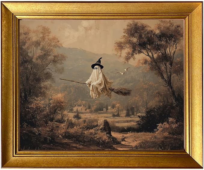 Vintage Halloween Decor Gold Framed Moody Funny Ghosts in Field Wall Art Cottagecore Autumn Landscape Canvas Print Halloween Fall Picture Wall Decor