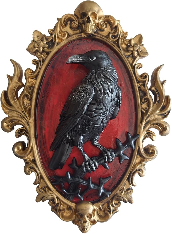 Gothic Raven Resin Wall Sculpture, 3D Crow Wall Decor with Gold Skull Frame - skull wall art