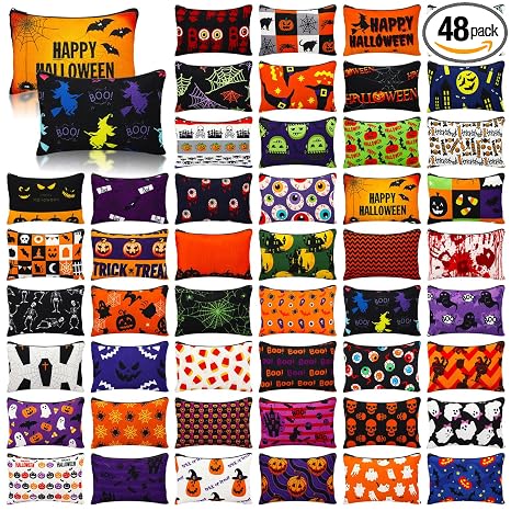 48 Pcs Halloween Canvas Makeup Bags Bulk, Classic Horror Skull Bat Cosmetic Bags, Double-sided Printing Toiletry Zipper Pouch, Portable Travel Organizer for Halloween Party Favors - skull suitcase