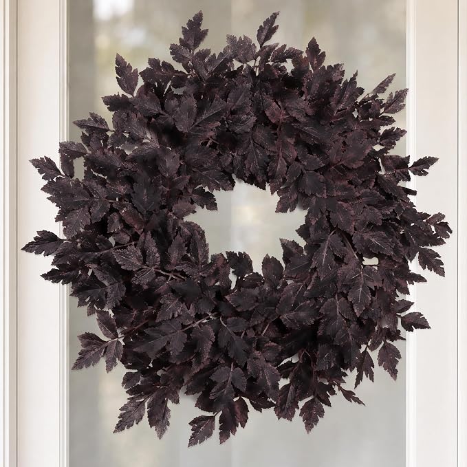 Fall Wreath for Front Door- 24 Inch Fall Decor Plum Leaves Halloween Wreath - skull wreath