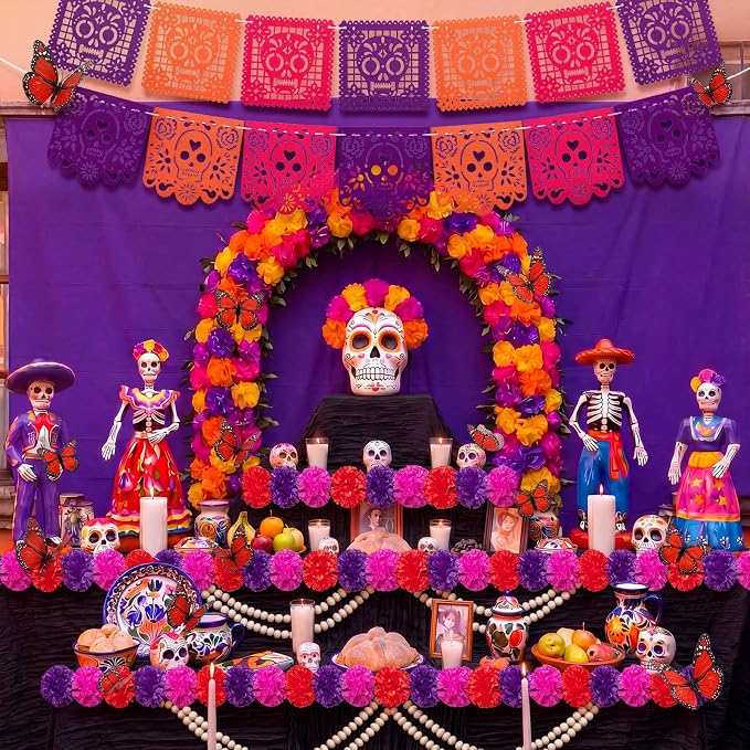 AceOrbit 88 Pcs Dia De Los Muertos Ofrenda Altar Decor Set, Colorful - skull carpet
