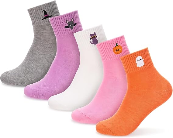 5 Pairs Women Socks Crazy Embroidered Ghost Pattern Halloween - sugar skull costume