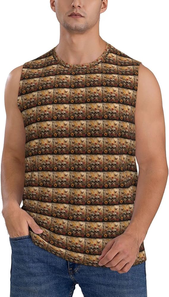 Sugar Skulls Butterfly Print Men's Sleeveless T-Shirt Breathable Athletic Tank Top for Gym Running Casual Tee - skull tank tops