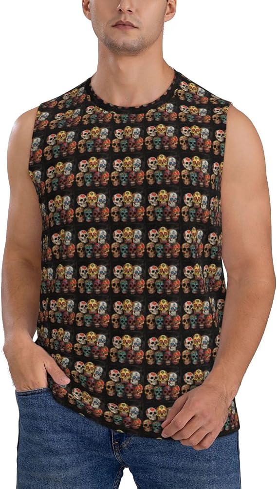 Sugar Skulls Print Men's Sleeveless T-Shirt Breathable Athletic Tank Top for Gym Running Casual Tee - skull tank tops