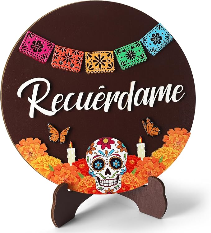 Dia De Los Muertos Ofrenda Altar Decorations Kit Day Of The Dead Altar Decorations Recuerdame Stand Wood Sign Supply for Halloween Mexican Day of the Dead Home Party Decor(Recuerdame) - skull plate