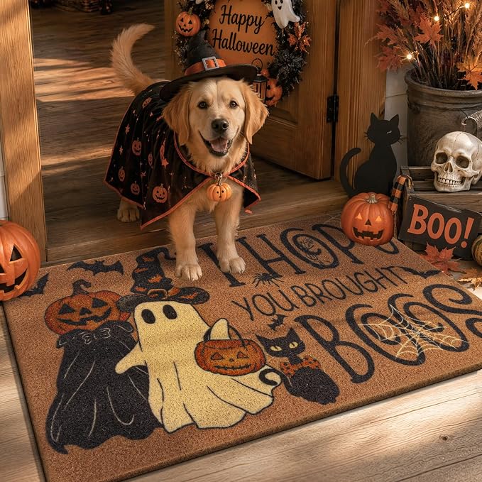 LOKHOM Halloween Welcome Coir Door Mat, 20"x32" Front Doormat Ghost Pumpkin - skull door mat