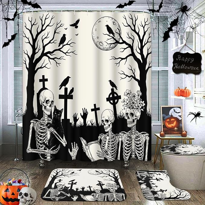 ArtSocket Halloween Bathroom Sets with Shower Curtain and Rugs, Skull