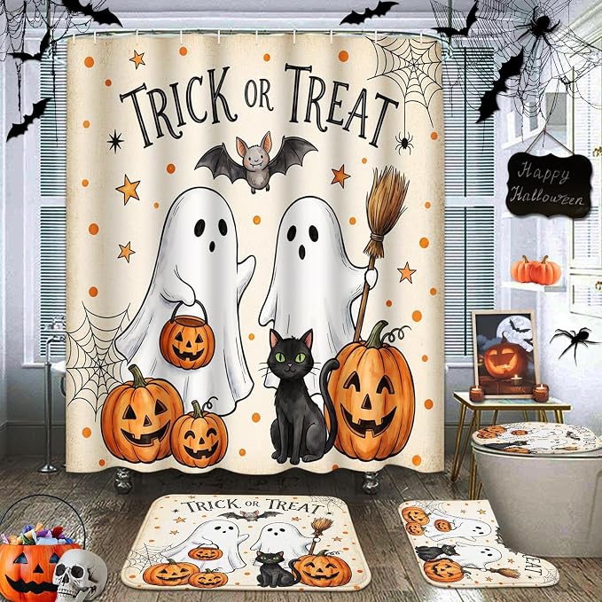 ArtSocket Halloween Bathroom Sets with Shower Curtain and Rugs Pumpkin Cat - skull toilet paper