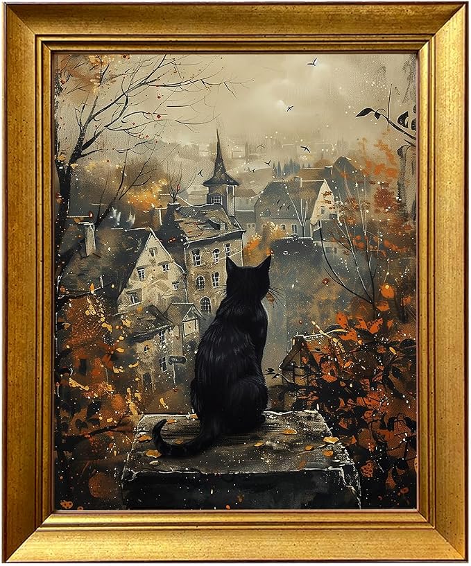 Black Cat Thinking Wall Art Autumn Town Painting Vintage Gold Framed Spooky Halloween Print Fall Picture Wall Decor for Home - skull wall art