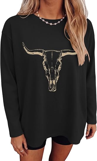 Binshre Western Cowgirl Sweatshirts for Women Country Concert Outfits - skull sweatshirts