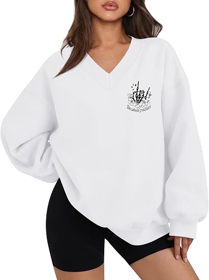 LOMON Womens Oversized Sweatshirts V Neck Pullover Long Sleeve Fall Outfits - skull sweatshirts