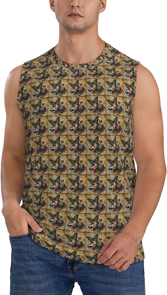 Sugar Skulls Butterfly Print Men's Sleeveless T-Shirt Breathable Athletic Tank Top for Gym Running Casual Tee - skull tank tops