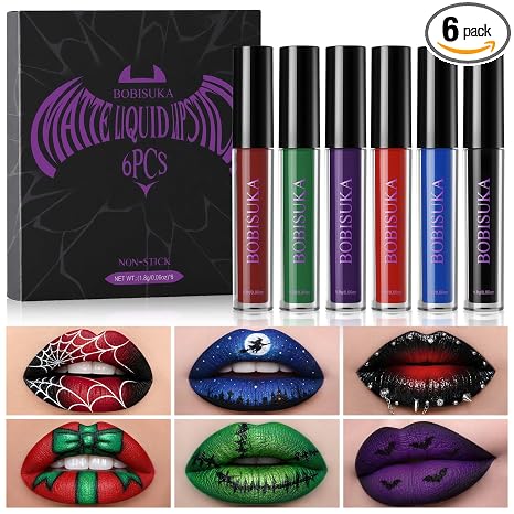 BOBISUKA 6pcs Halloween Liquid Lipstick Set, High Pigmented Bold Matte Black Blue Green Purple Red Lip Gloss Set, Waterproof Smudge-proof Lip Stain Kit for Cosplay Goth Costume Makeup - sugar skull makeup