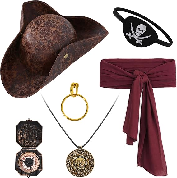 Brown Pirate Tricorn Hat & 6Pcs Pirate Accessories Set for Adults - skull wallet