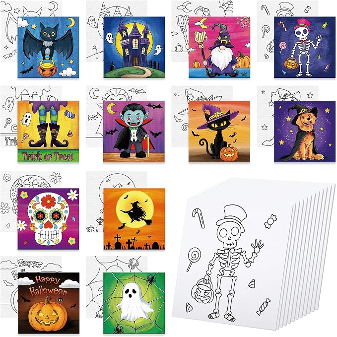 Anseal 12 Packs Pre Drawn Canvas to Paint, 4″ X 4″ Halloween Pre-Printed Paint Party for Painting, Pre Stretched Canvas Outline Painting Boards for Paint Lovers, Party Favor