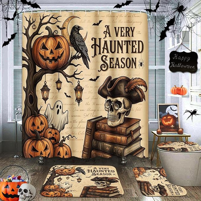 Arttown Halloween Bathroom Sets with Shower Curtain and Rugs, Gothic - skull carpet