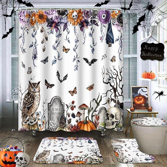 Arttown Halloween Bathroom Sets with Shower Curtain and Rugs, Skull Gothic - skull toilet mat