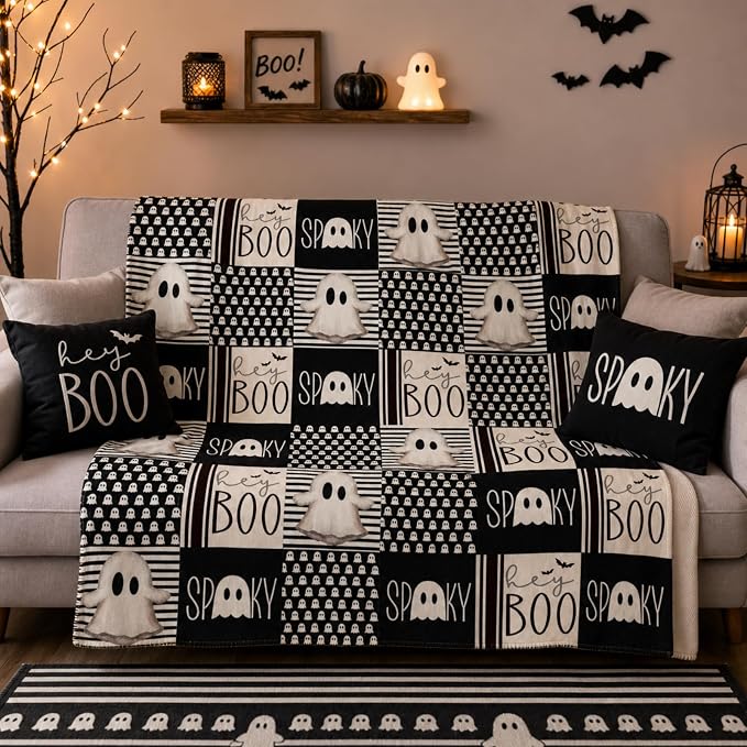 Irenare Halloween Cute Ghost Spooky Blanket Hey Boo Patchwork Blanket Throw - skull blanket