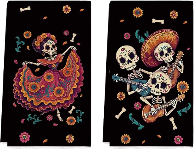Artoid Mode Bones Day of The Dead Kitchen Towels Set of 2 18x26 Inch - skull plate