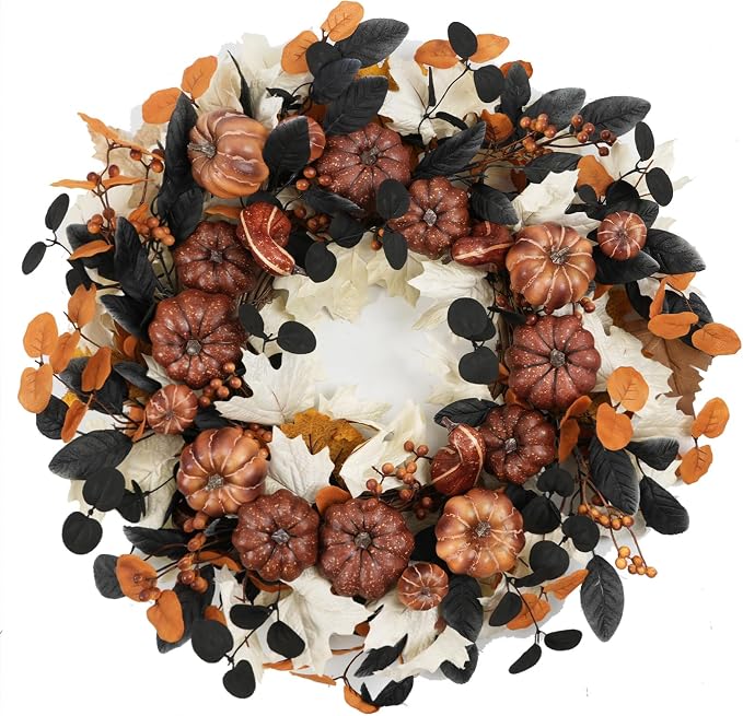 24" Fall Pumpkin Wreath Artificial Halloween Wreath for Front Door - skull wreath