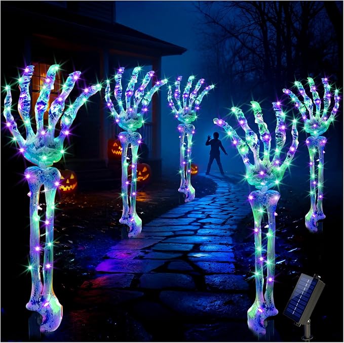 Solar Halloween Pathway Lights Outdoor - 5Pack Lighted Skeleton Arm for Outdoor Walkway Yard Garden Decorations, 250 LEDs Purple and Green Halloween Solar Pathway Stake Lights Decor, 8 Modes - skeleton