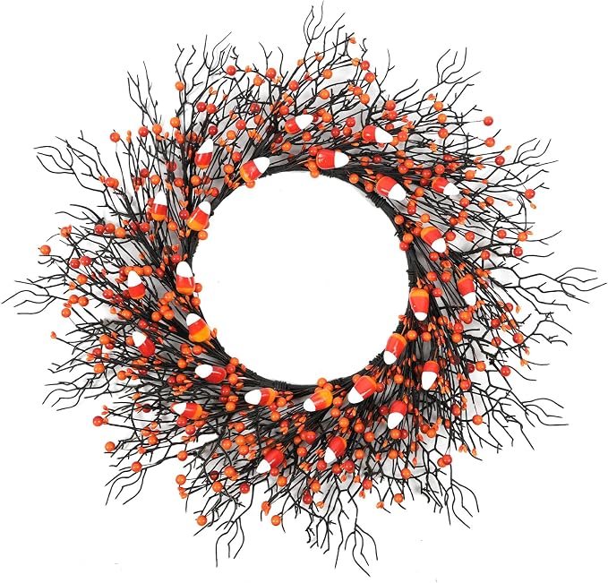 24 Inch Halloween Wreath, Black Wreath with Orange Berries for Home Decor