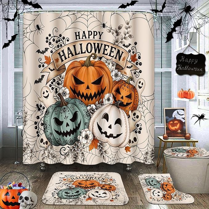 Arttown Halloween Bathroom Sets with Shower Curtain and Rugs, Skull Ghost - skull toilet mat