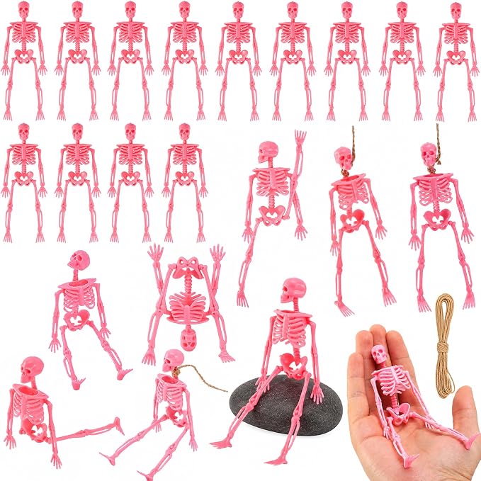 24 Pcs Pink Halloween Mini Skeleton, 6" Posable Skeleton Hanging Decor - skull figurine