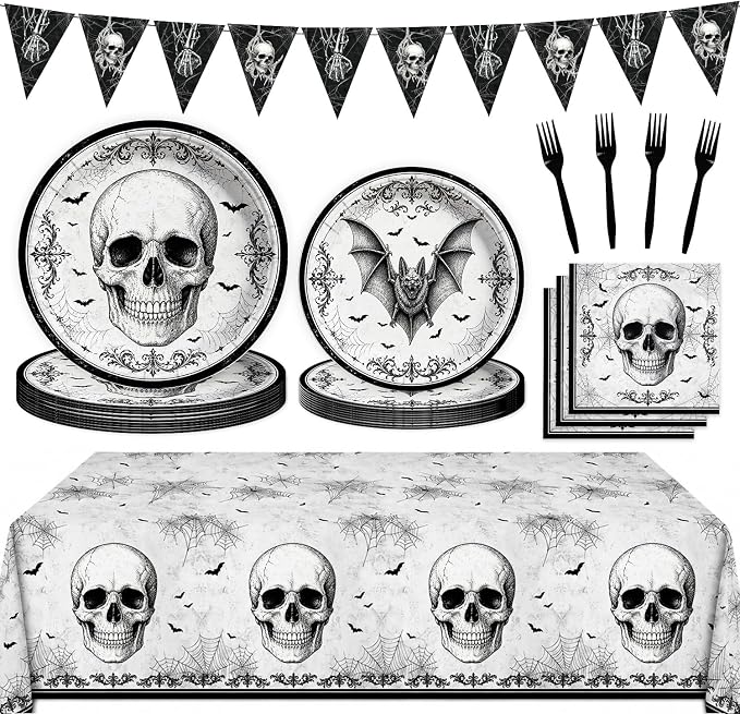 98Pcs Halloween Party Decorations-Black Skull Tableware Kit for 24