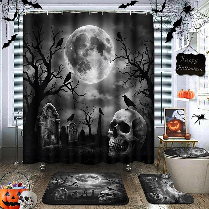 Arttown Halloween Bathroom Sets with Shower Curtain and Rugs, Skull Horror