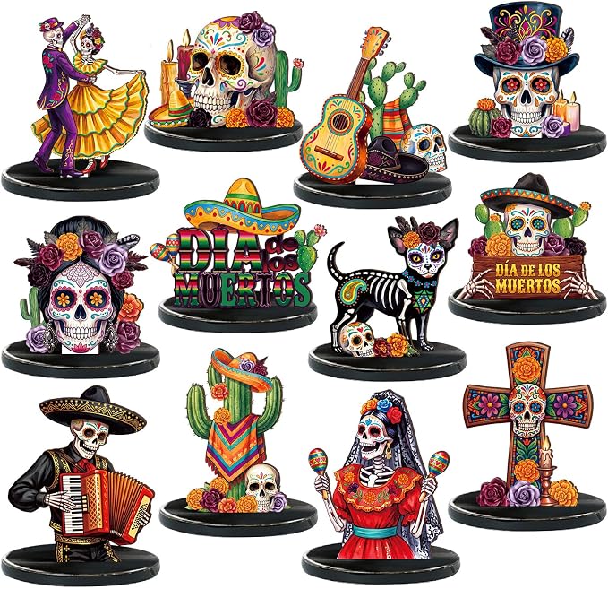 Leinuosen 12 Pcs Day of the Dead Table Decor Skull Wooden Tiered Tray Decor Dia De Muertos Centerpiece Guitar Cactus Sombreros Wooden Sign Day of the Dead Table Decorations for Home Kitchen - sugar skull ornament