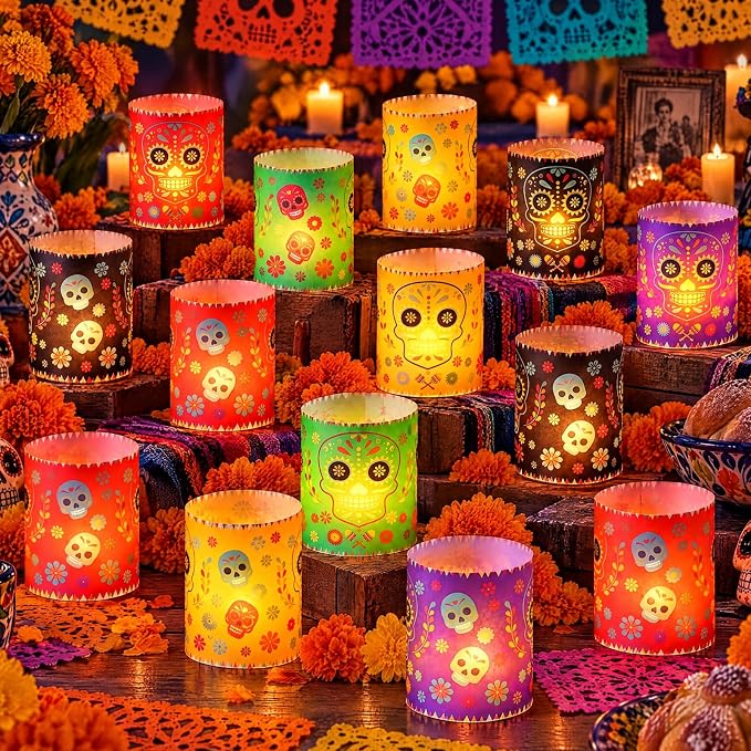 20 Pcs Dia De Los Muertos Table Decor with LED, Skull