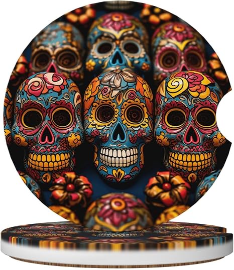 Car Cup Holder Coaster 2 Pcs Universal Auto Cup Holder Insert Colorful Sugar Skulls Car Coasters for Cup Holders Non-Slip Ceramics Drink Coasters Automotive Interior Accessories for Vehicles - skull coaster