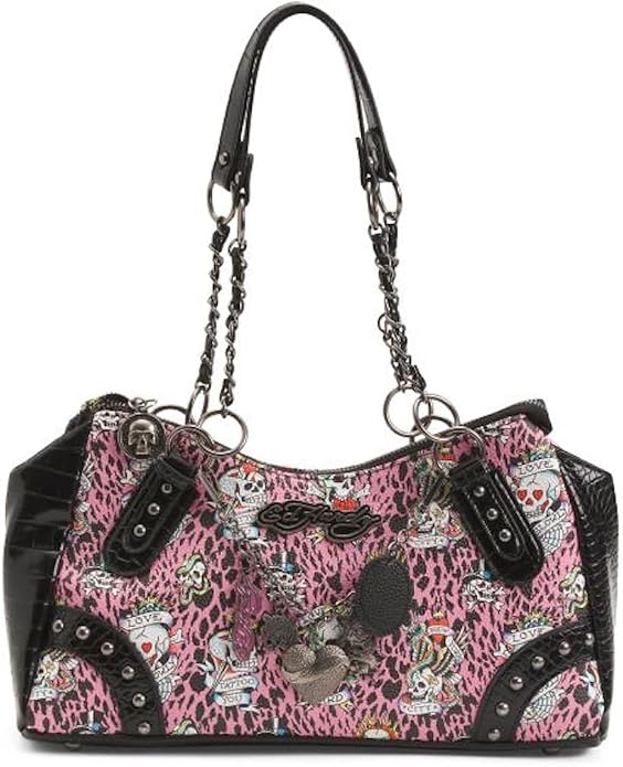 ED HARDY Hazel Large Satchel, Pink and Black, Skull Tattoo Print with Croc Embossed Accents, Chain Handles, Studded Details, 14.5x8 Inch - sugar skull handbags for sale