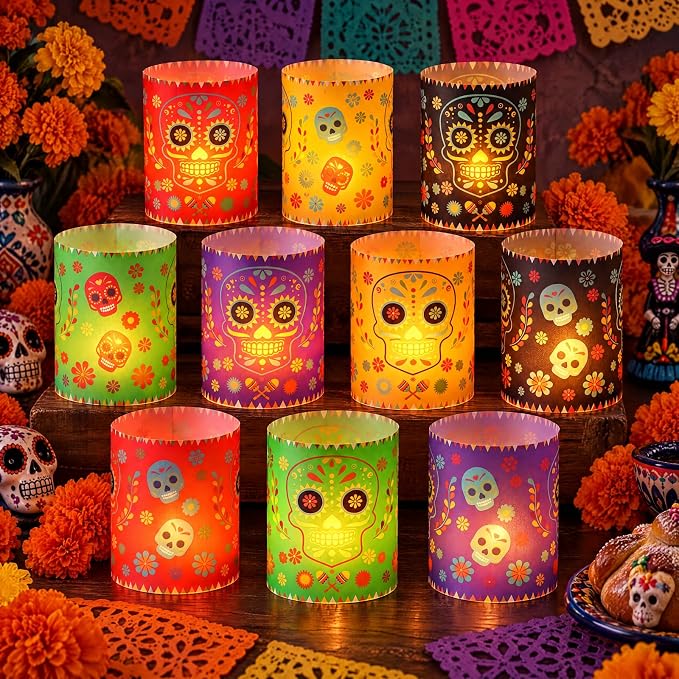 10 Pcs Dia De Los Muertos Table Decor with LED, Skull - sugar skull ornament