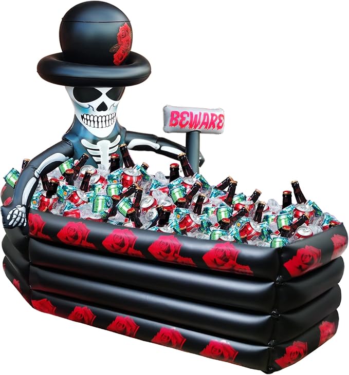 43 Inch Halloween Birthday Party Decorations Inflatable Cooler, 120+ Cans Halloween Supplies Large Capacity Scary Coffin Skeleton for Drink Beverage Holder, Party Favors for Adults Outdoor Indoor - skull inflatable
