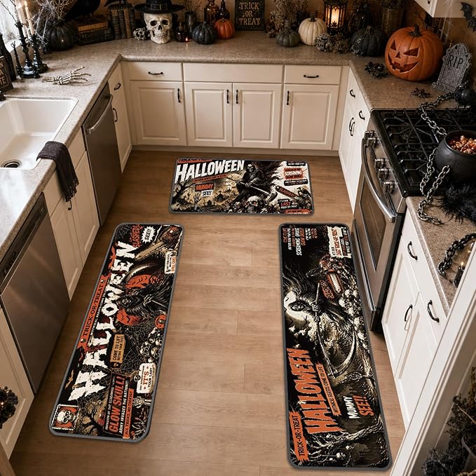 Halloween Kitchen Rugs and Mats Set of 3, Gothic Skeleton Skull Floor Mats with Silicone Backing, Non Slip Washable Runner Carpet for Kitchen, Laundry, Hallway, Home Office - skull carpet