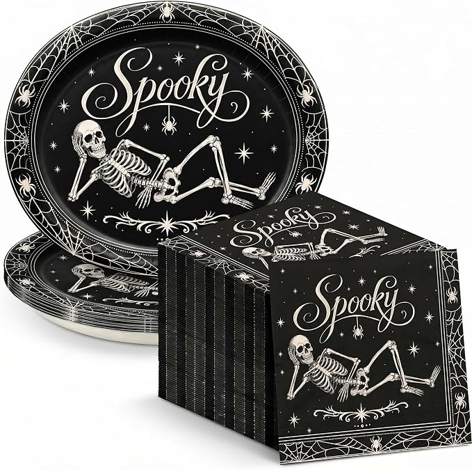 Dereinwo 50 Pcs Halloween Paper Plates and Napkins Set - skull plate