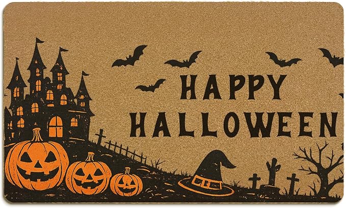 Happy Halloween Witchy Pumpkin Coir Door Mat, Gothic Spooky Witch Pumpkin Welcome Mats for Front Door, Halloween Coir Doormat for Porch Entryway Entrance Home Decor, 17x30inches