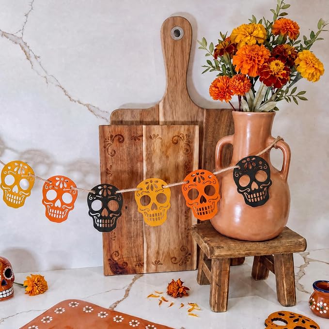 Novabright 8.2 ft Day of the Dead Decoration Wooden Banner Dia De Los Muertos Altar Decor Hanging Garland Día De Los Muertos Ofrenda Halloween Mexican Fiesta Party Supplies(Sugar Skull) - skull wreath
