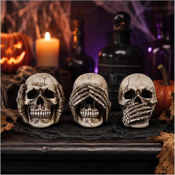 3 Pcs Skull Statues - Hear No Evil See No Evil Speak No Evil Skull Set - skull figurine